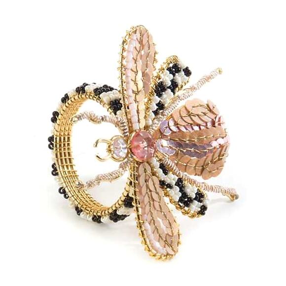 Mackenzie Childs Beaded QUEEN BEE Napkin Rings Set of 4 New